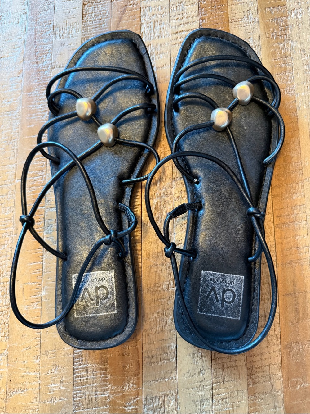 Dolce Vita Black Lace-Up Sandals with Silver Bead Details